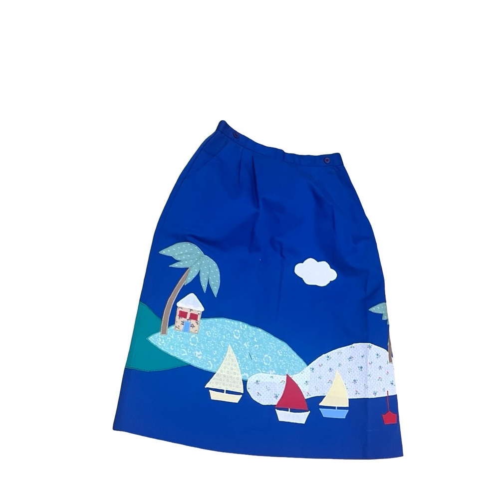 Vtg Patchwork Sailboats Houses Island Blue Skirt Sz 9/10 ~ Sz M Preppy Cottage